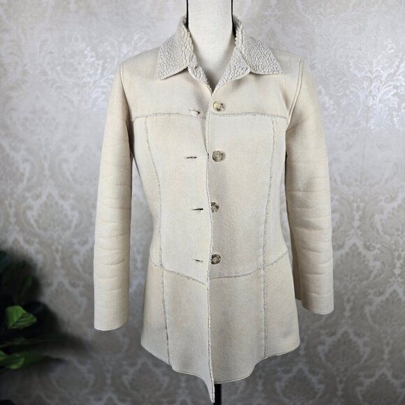 LOB Casual World Cream Colored Faux Suede Shearling Interior Button Front Jacket - Picture 2 of 12